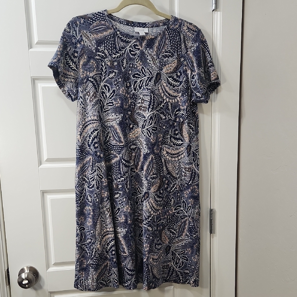 Navy Floral-Paisley Midi Dress with Cream and Tan Accents